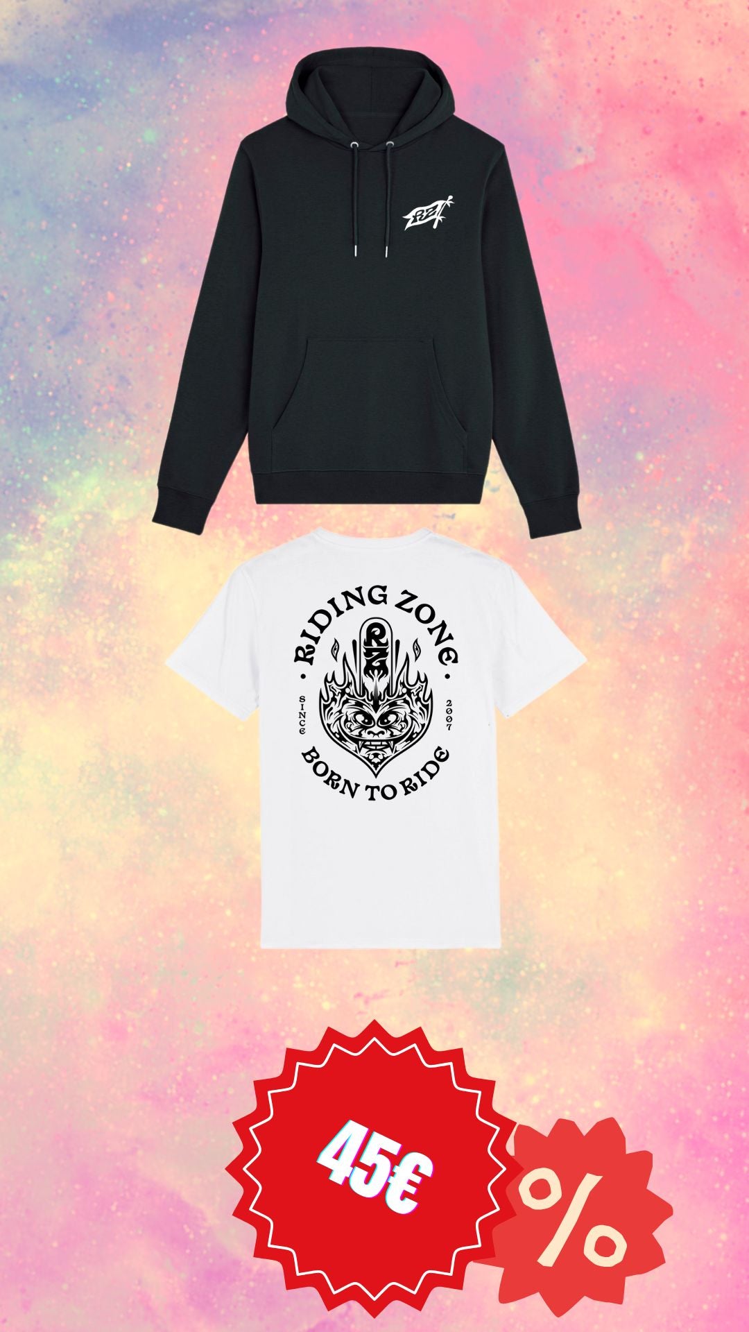 Hoodie noir Riding zone + T-shirt "Born to Ride" blanc